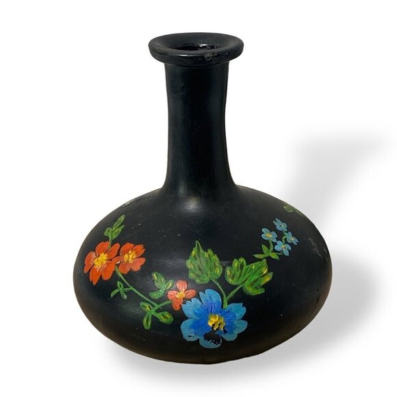 Folk Art Vase Handpainted Glass Black Floral 6" Genie Bottle Vintage - Picture 1 of 10